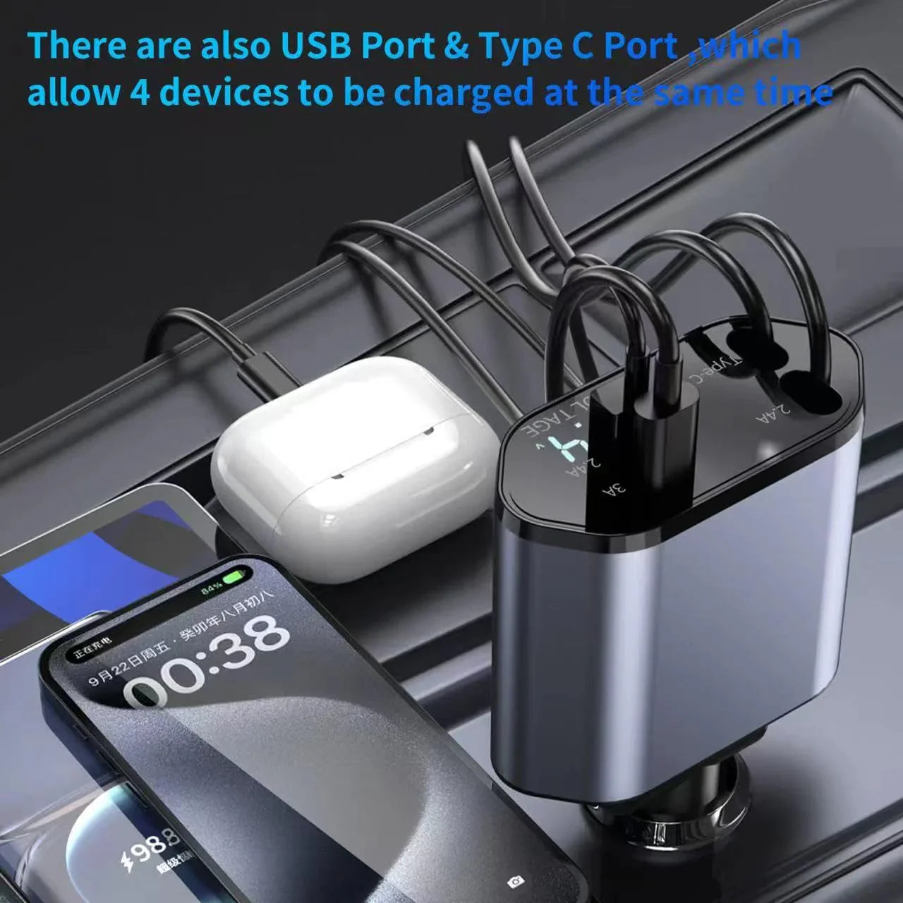 New 4 in 1 Retractable cable 2 Type C and iPhone Fast Charging Car Phone Charger 120W ( 6 Month Warranty )