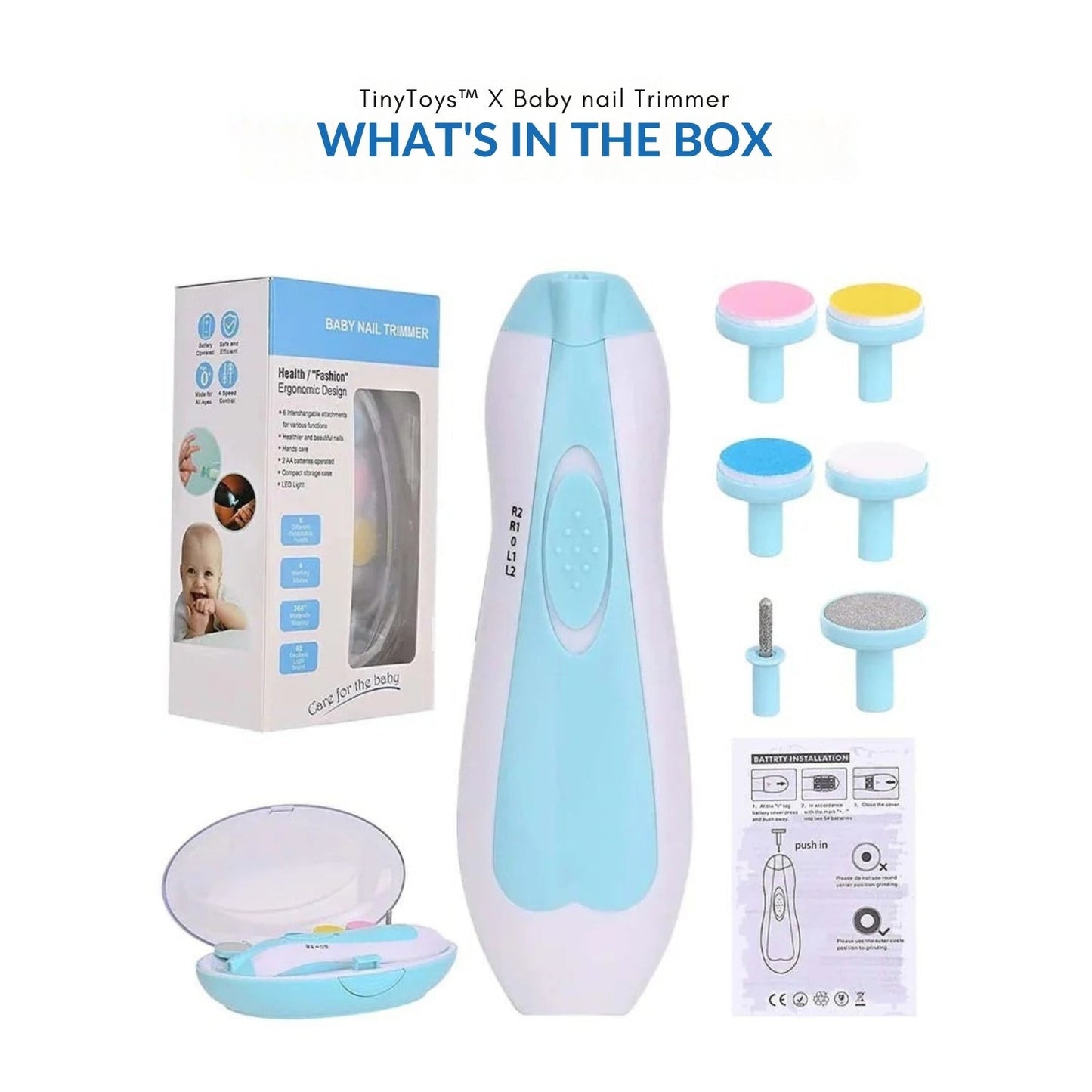 Shoppingo Baby Nail Grooming Kit | 2 Speed | 6 Heads | With LED and Travel Cap