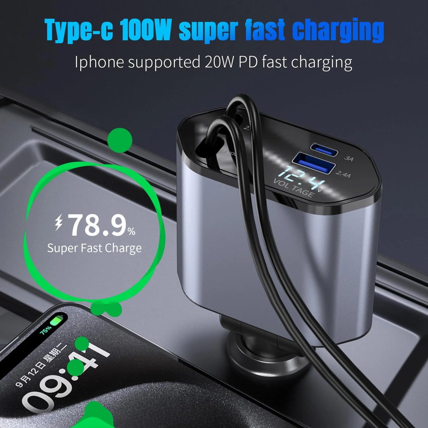 SpeedVolt 120X™ – 120W Retractable USB-C &amp; A Car Charger