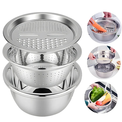3-in-1 Multipurpose Kitchen Bowl™ | premium Stainless Steel Cutter + Grater + Drain Basket