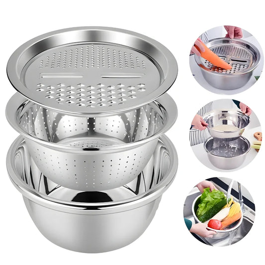 3-in-1 Multipurpose Kitchen Bowl™ | premium Stainless Steel Cutter + Grater + Drain Basket