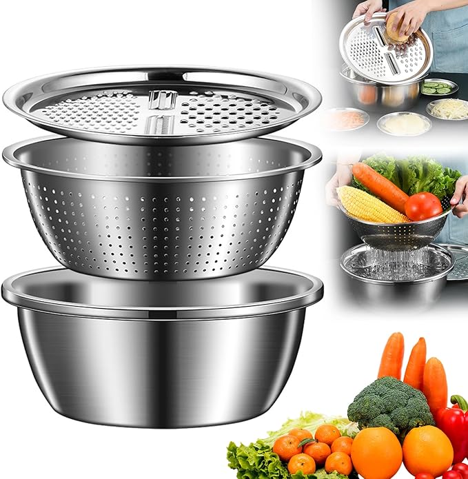 3-in-1 Multipurpose Kitchen Bowl™ | premium Stainless Steel Cutter + Grater + Drain Basket