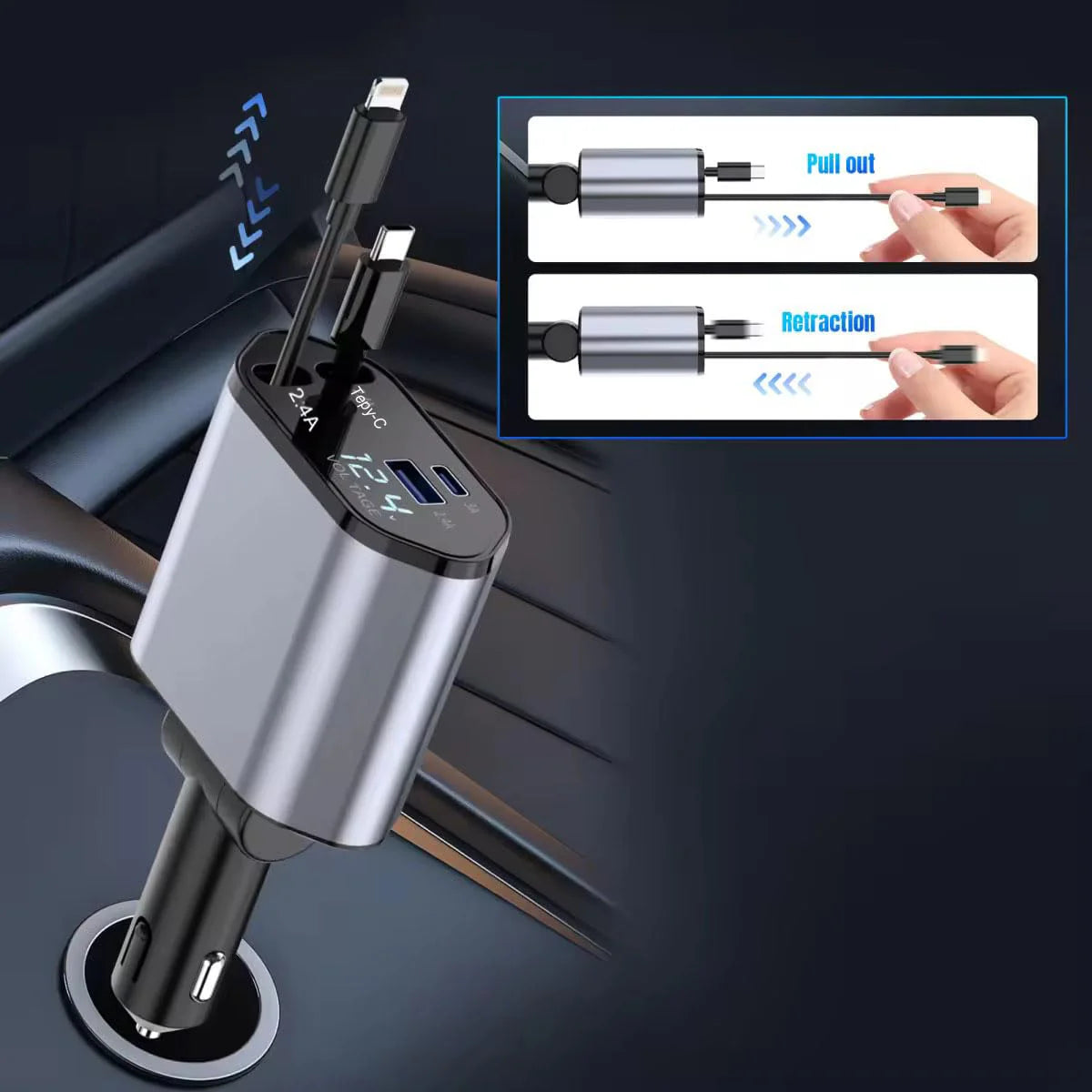 SpeedVolt 120X™ – 120W Retractable USB-C &amp; A Car Charger