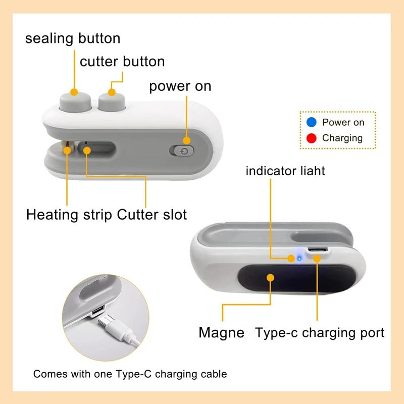 Portable Mini Sealing Machine-USB Rechargeable, 2-in-1 Seal & Cut
