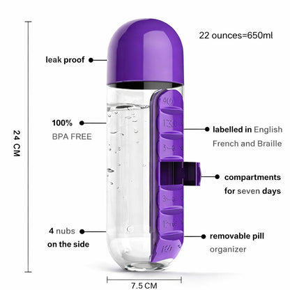 2-in-1 Pill Organizer Water Bottle with Weekly Medicine Storage