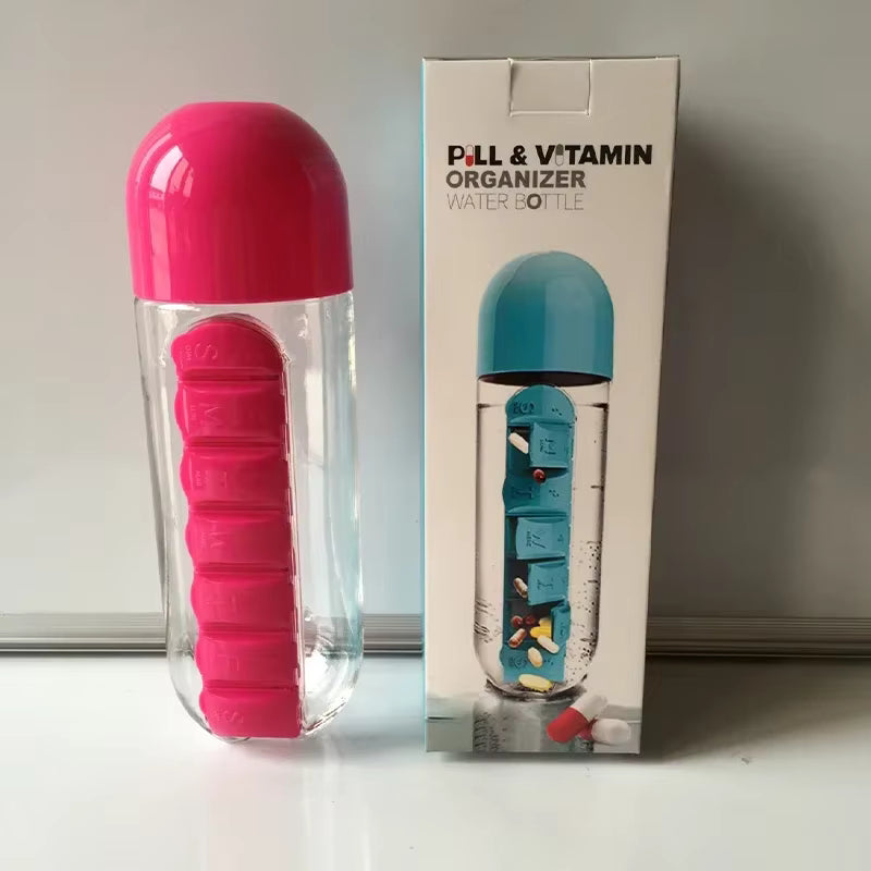 2-in-1 Pill Organizer Water Bottle with Weekly Medicine Storage
