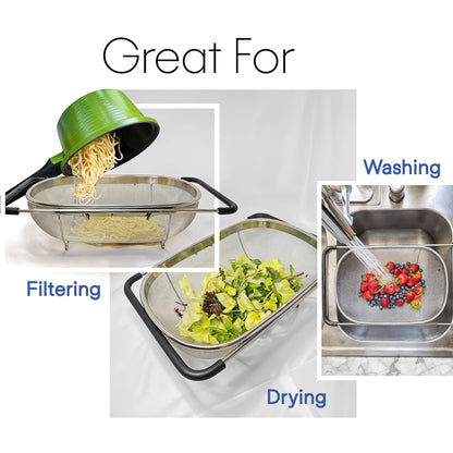 Fine Mesh 6 Quart Over The Sink Colander Stainless Steel with Expandable Rubber Grip Handles | Fruits and Vegetable Washing Basket | Food Strainer Basket for Kitchen | Silver