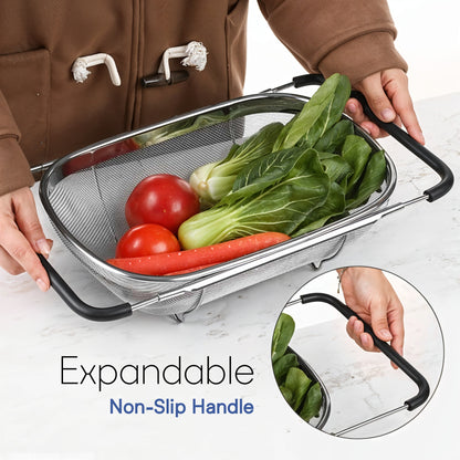 Fine Mesh 6 Quart Over The Sink Colander Stainless Steel with Expandable Rubber Grip Handles | Fruits and Vegetable Washing Basket | Food Strainer Basket for Kitchen | Silver