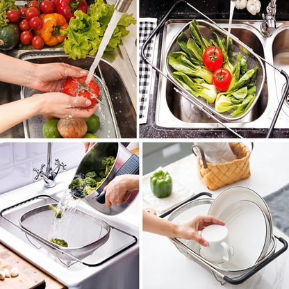 Fine Mesh 6 Quart Over The Sink Colander Stainless Steel with Expandable Rubber Grip Handles | Fruits and Vegetable Washing Basket | Food Strainer Basket for Kitchen | Silver