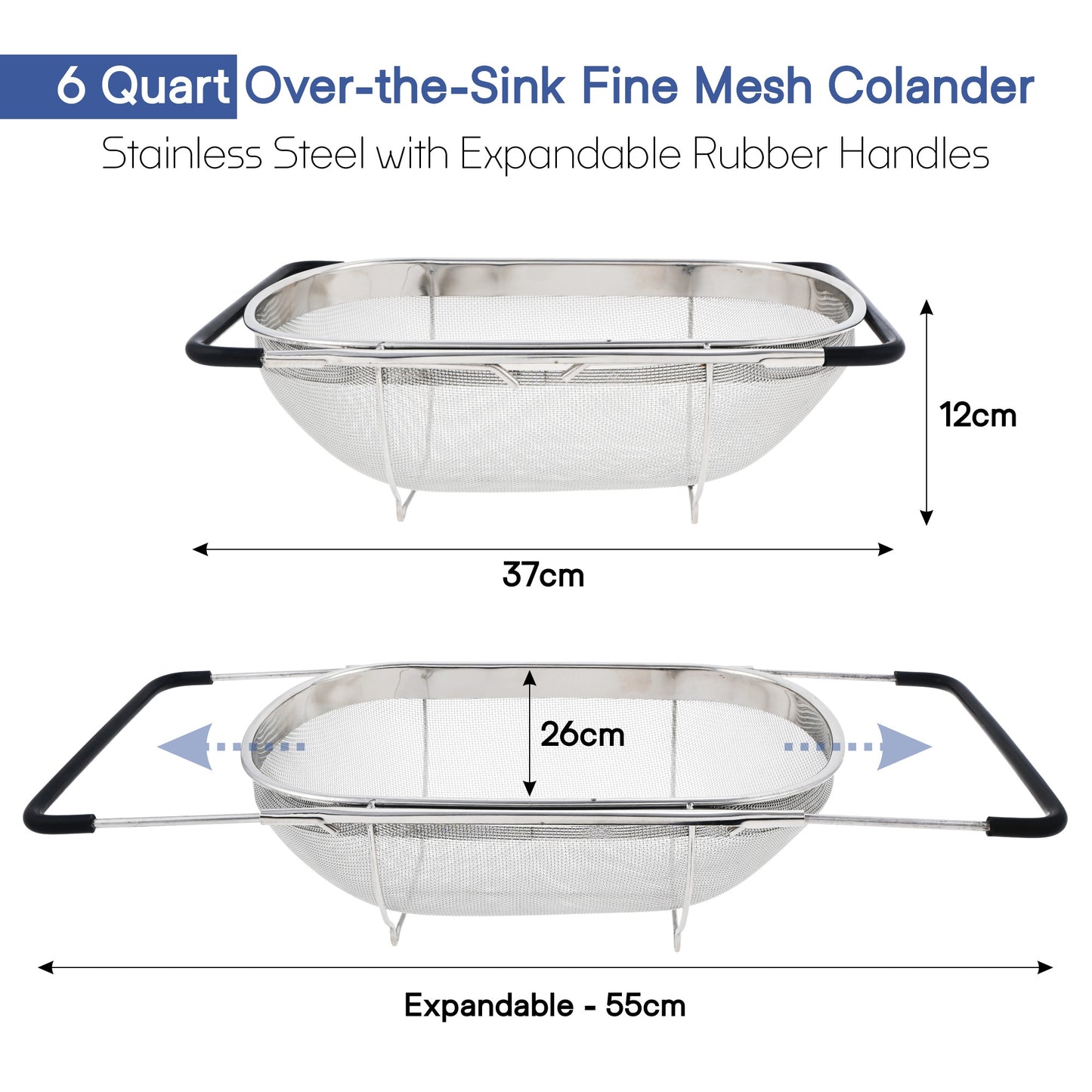 Fine Mesh 6 Quart Over The Sink Colander Stainless Steel with Expandable Rubber Grip Handles | Fruits and Vegetable Washing Basket | Food Strainer Basket for Kitchen | Silver