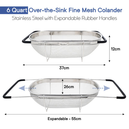 Fine Mesh 6 Quart Over The Sink Colander Stainless Steel with Expandable Rubber Grip Handles | Fruits and Vegetable Washing Basket | Food Strainer Basket for Kitchen | Silver